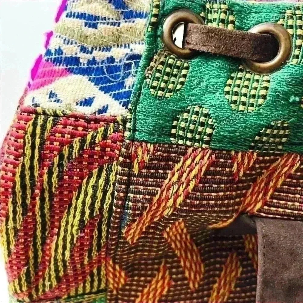 Handcrafted Patchwork Bucket Boho Hobo Drawstring Tassel Backpack Bag